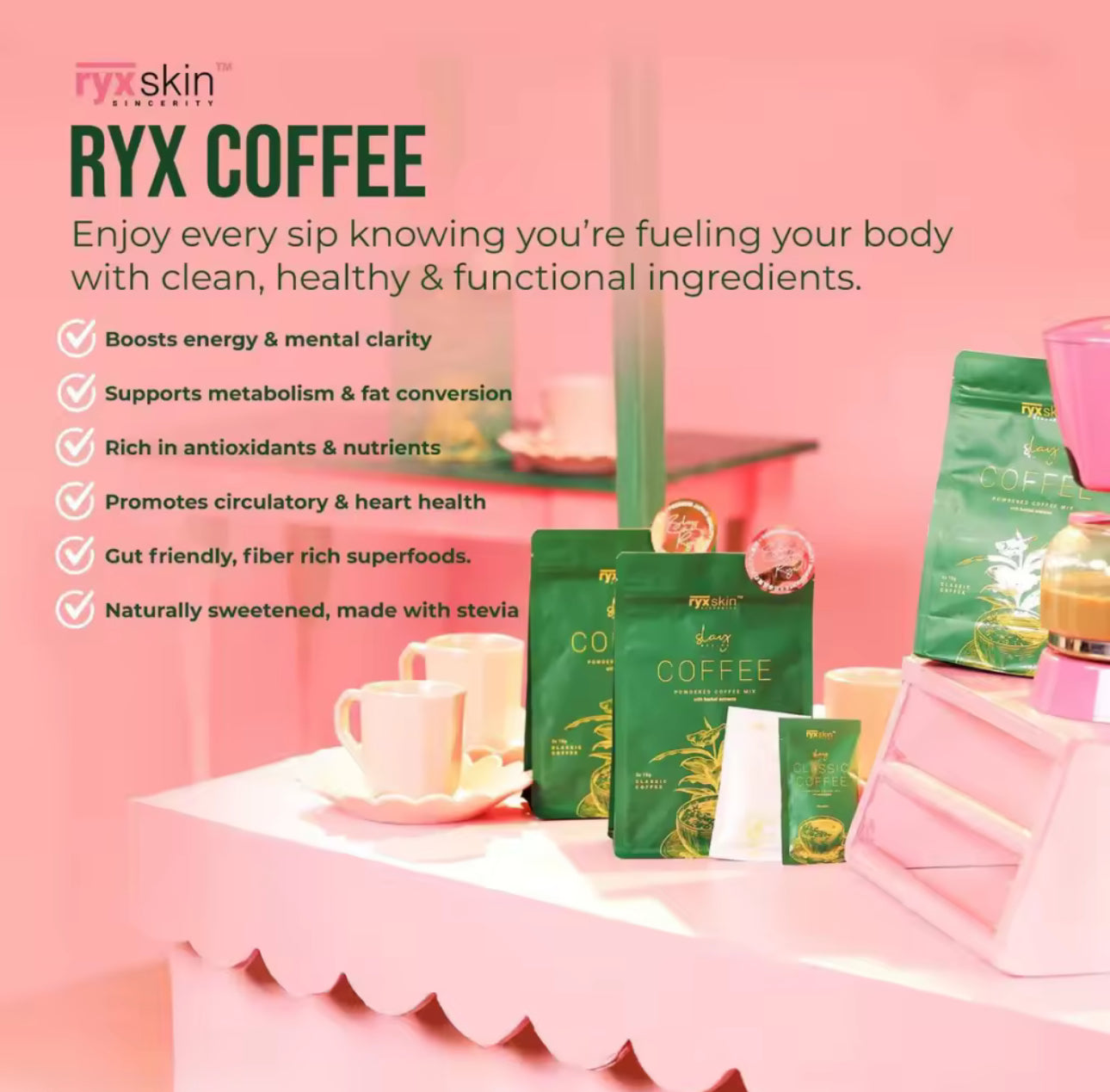 RyxSkin Powdered Coffee Mix with Herbal Extracts | 18gx5 coffee | 18gx5 mocha