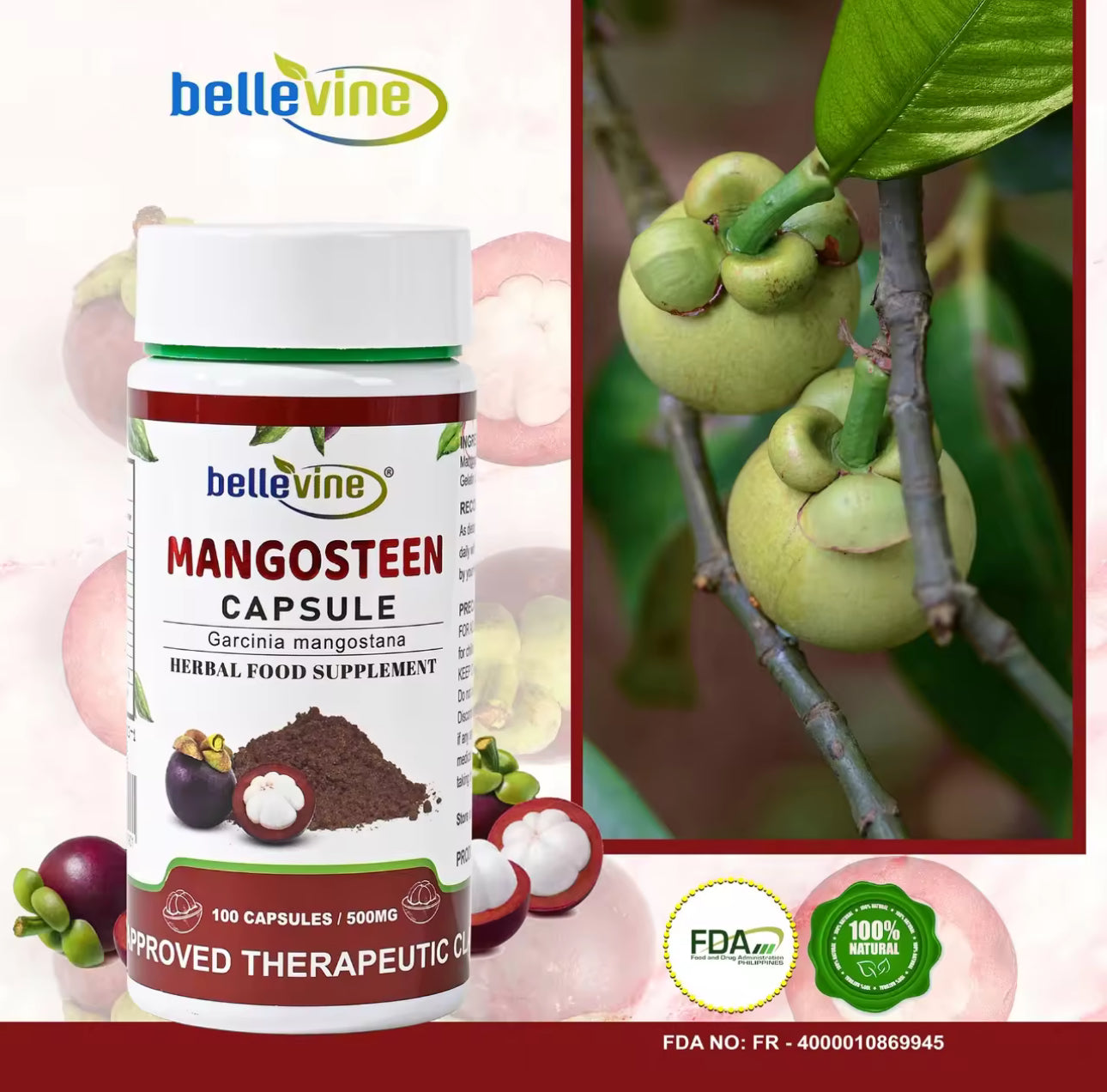Bellevine Mangosteen Food Supplement 100 Capsules