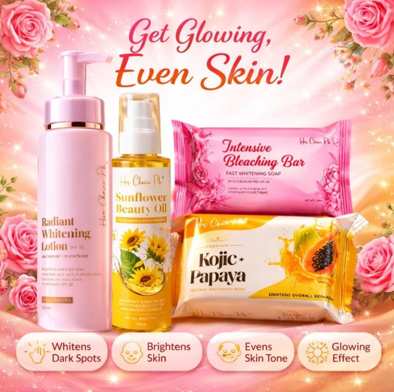 Her Choice Ph Set | 120g Intensive Soap | 120g Kojic Papaya Soap| Whitening Lotion | Sunflower Oil with free 60g intensive Soap