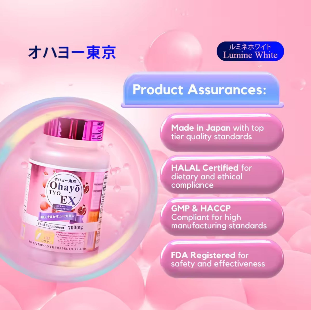 OHAYO TYO Tokyo EX Lumine White 100% MADE IN JAPAN 60 Capsules