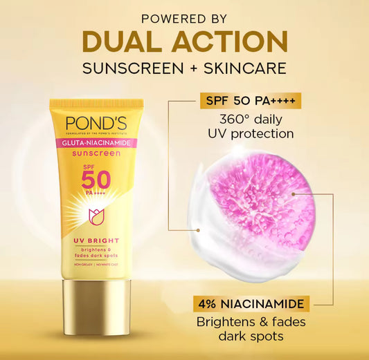 Ponds UV Bright Sunscreen SPF 50 PA+++ with Gluta Niacinamide for a Spot-less Glow 50ML