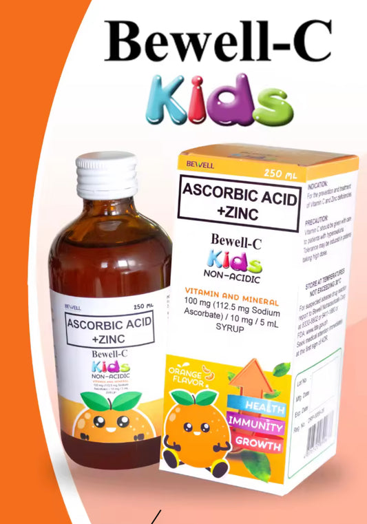 Bewell-C Kids Ascorbic Acid + Zinc Syrup | 100ml & 250 mL (Non-Acidic, Orange Flavor)
