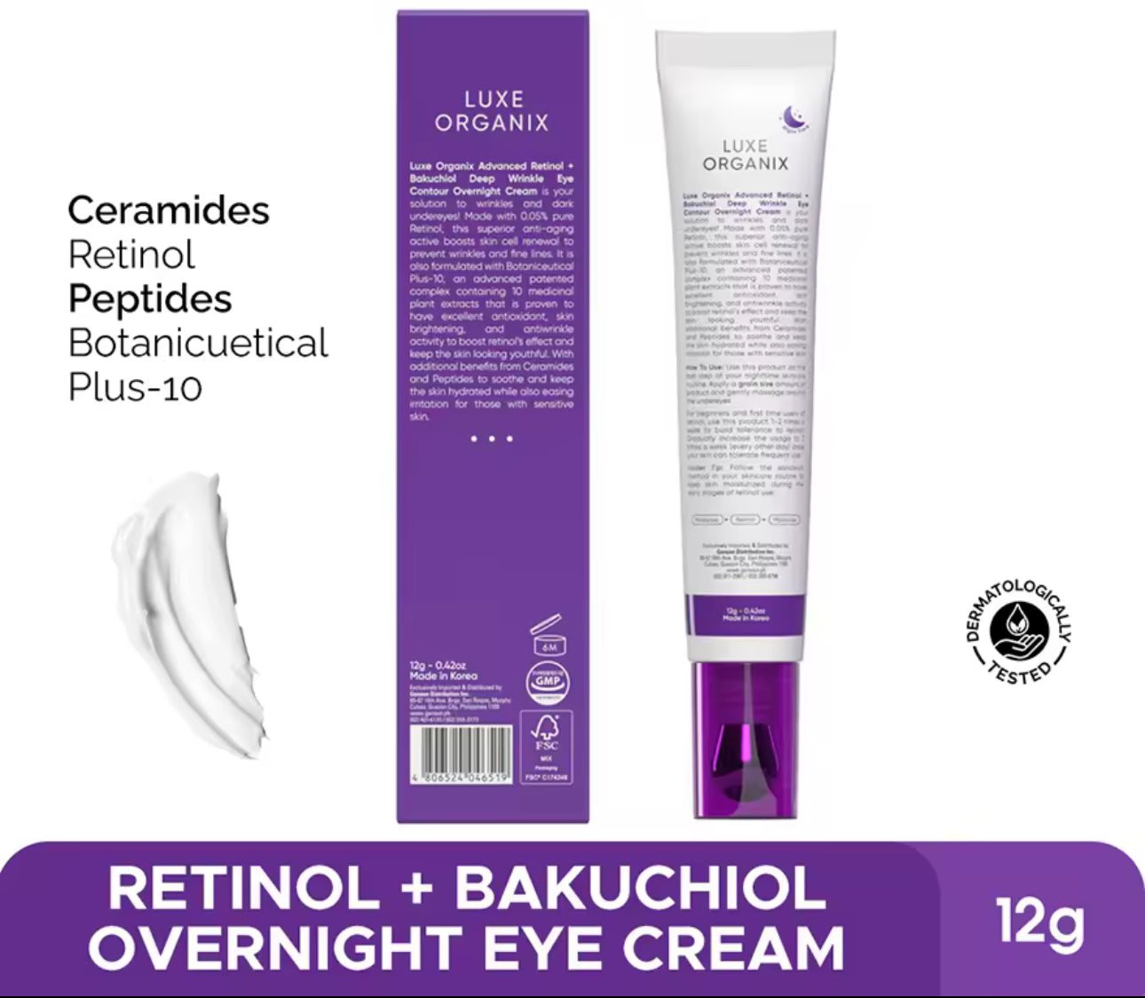 LUXE ORGANIX Advanced Retinol + Bakuchiol Deep Wrinkle Eye Contour Overnight Cream 12g