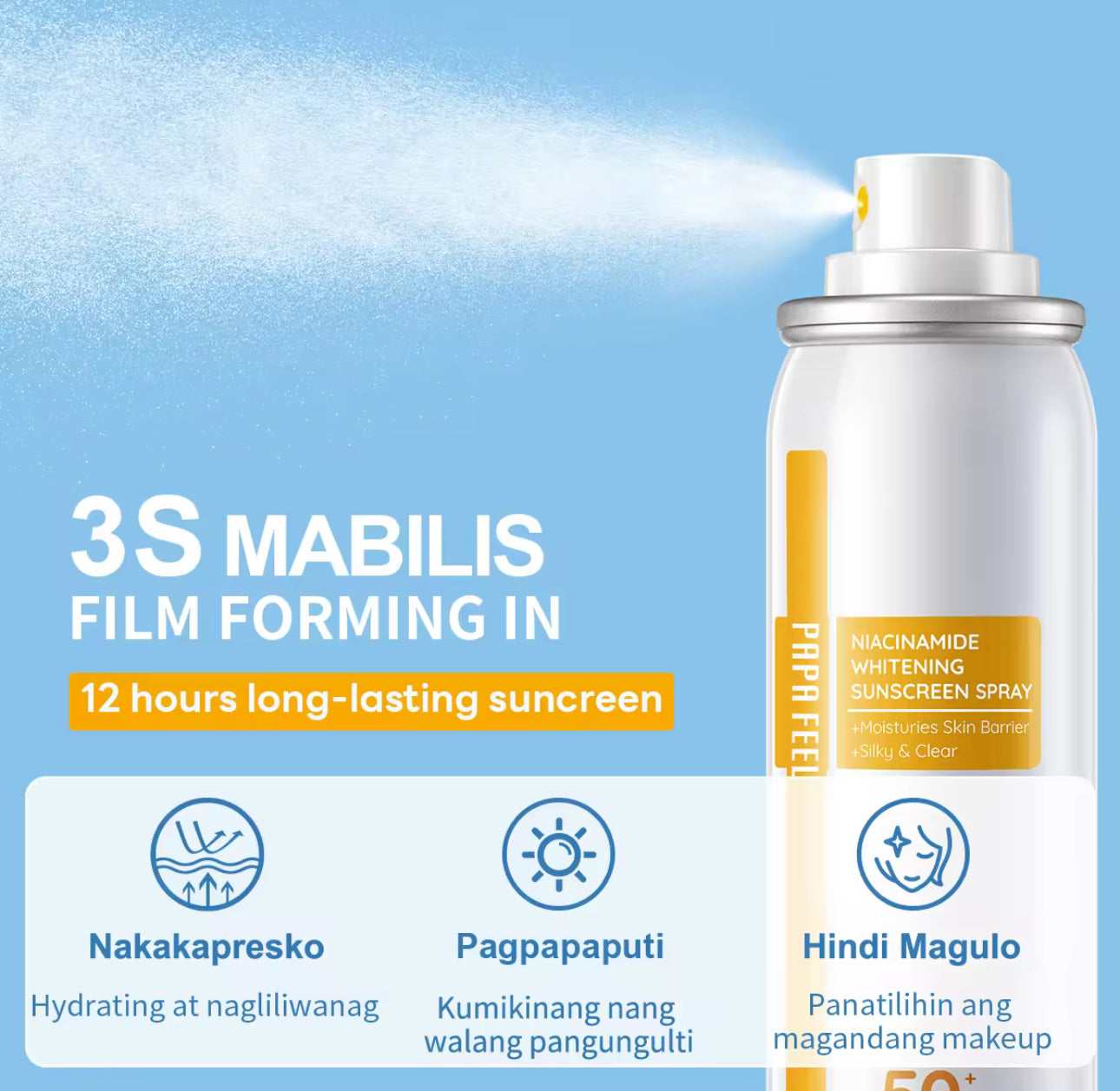 PAPA FEEL All Day Light Sunscreen Mist SPF50 PA++++ Niacinamide Whitening Sunscreen Spray 50ml Anti-UV Face/Body Mist