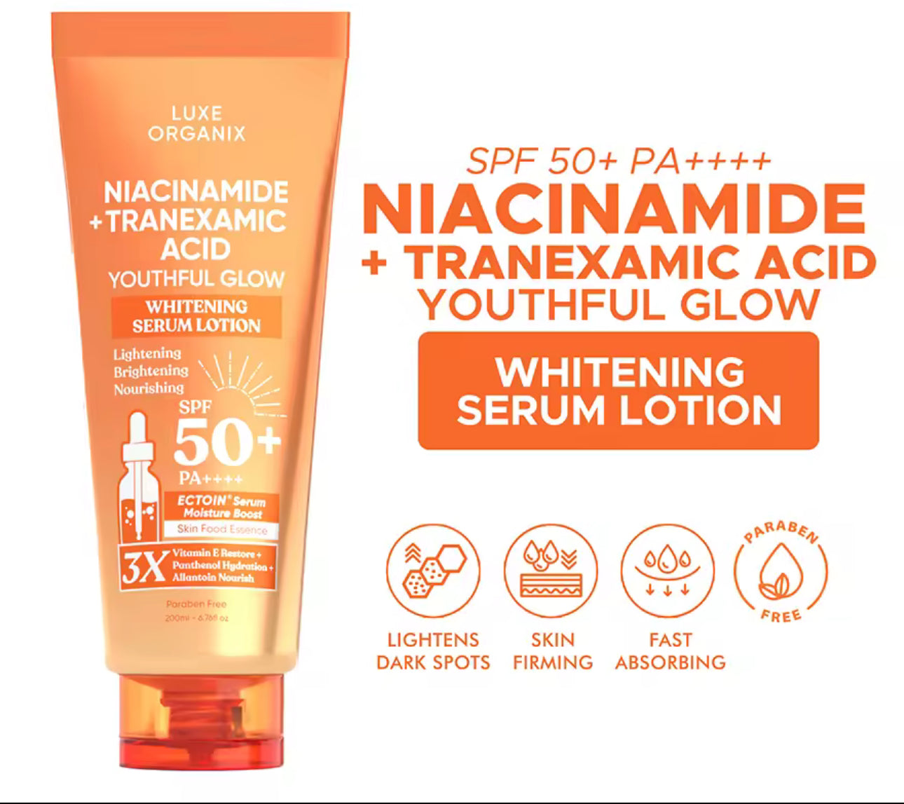 LUXE ORGANIX Niacinamide + Tranexamic Acid Youthful Glow Whitening Serum Lotion Spf 50 Pa++++ 200ml