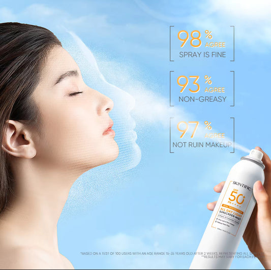 SKINTIFIC OFFICIAL All Day Light Sunscreen Mist SPF50 PA++++ Whitening Sunblock Spray Anti UV Face/Body Spray 120ml