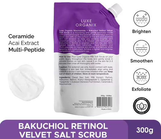 LUXE ORGANIX Niacinamide + Bakuchiol Retinol Velvet Salt Scrub 300g