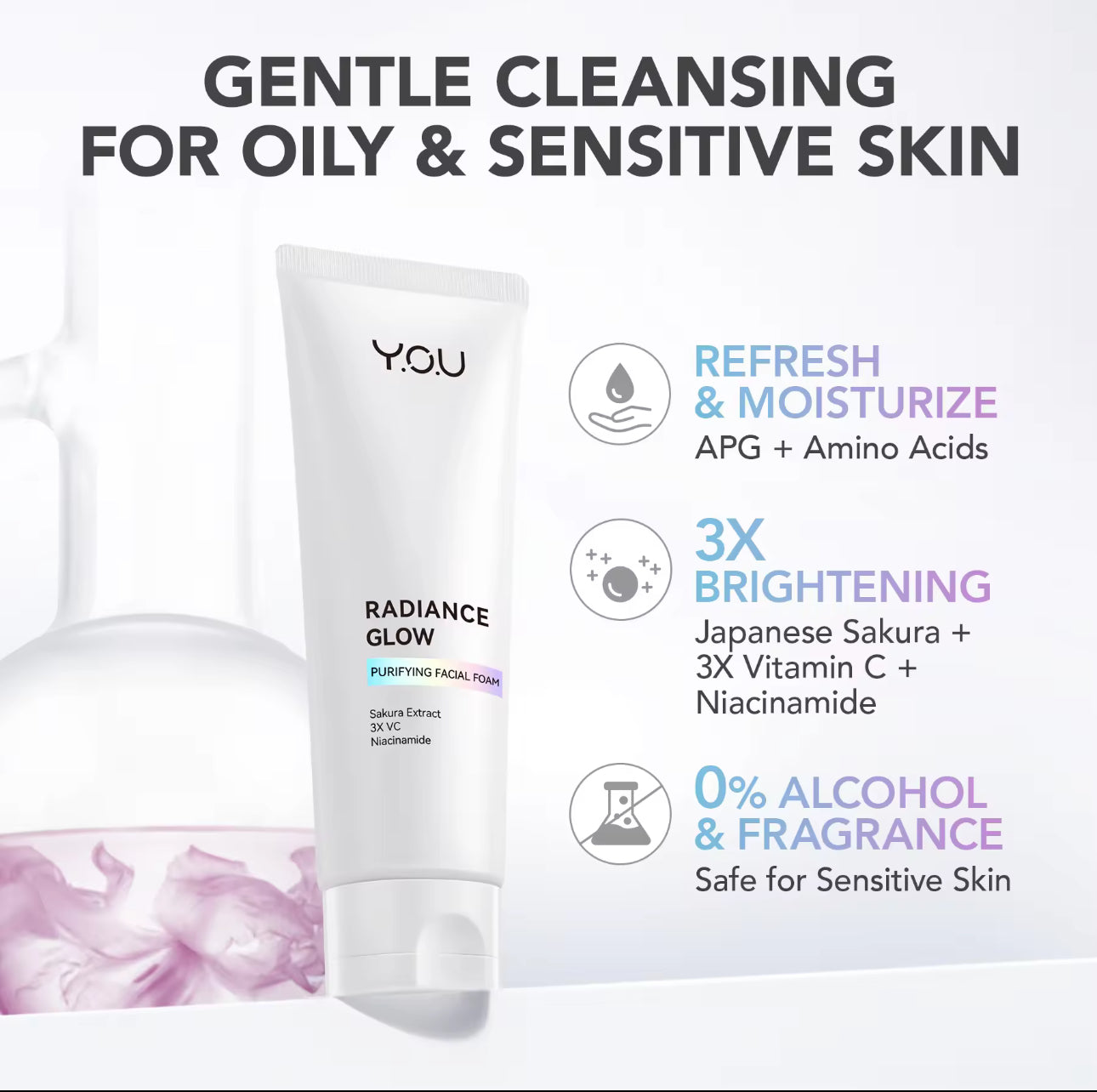 Y.O.U Radiance Glow Purifying Facial Foam | Purify Pores Refresh Skin | Gentle Cleansing 100g