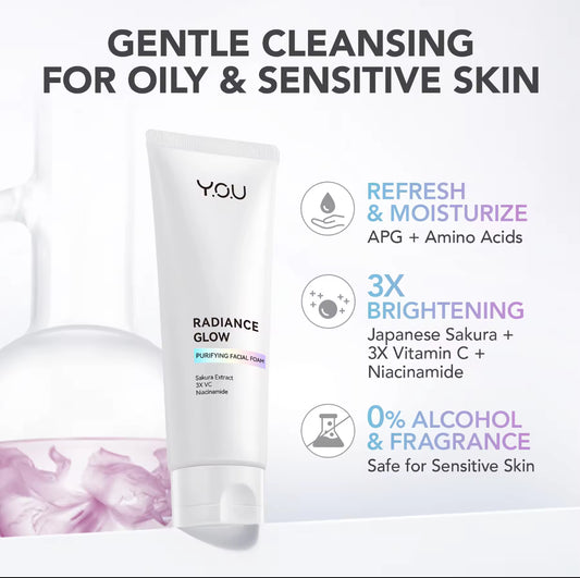 Y.O.U Radiance Glow Purifying Facial Foam | Purify Pores Refresh Skin | Gentle Cleansing 100g