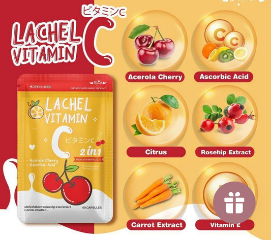 LACHEL VITAMIN C 2N1 | ASCORBIC ACID AND ACEROLA CHERRY | 60 Capsules | Authentic 💯 from Thailand