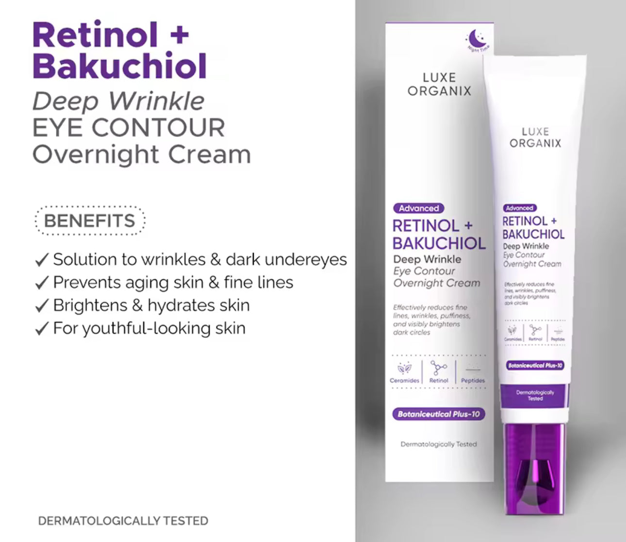 LUXE ORGANIX Advanced Retinol + Bakuchiol Deep Wrinkle Eye Contour Overnight Cream 12g