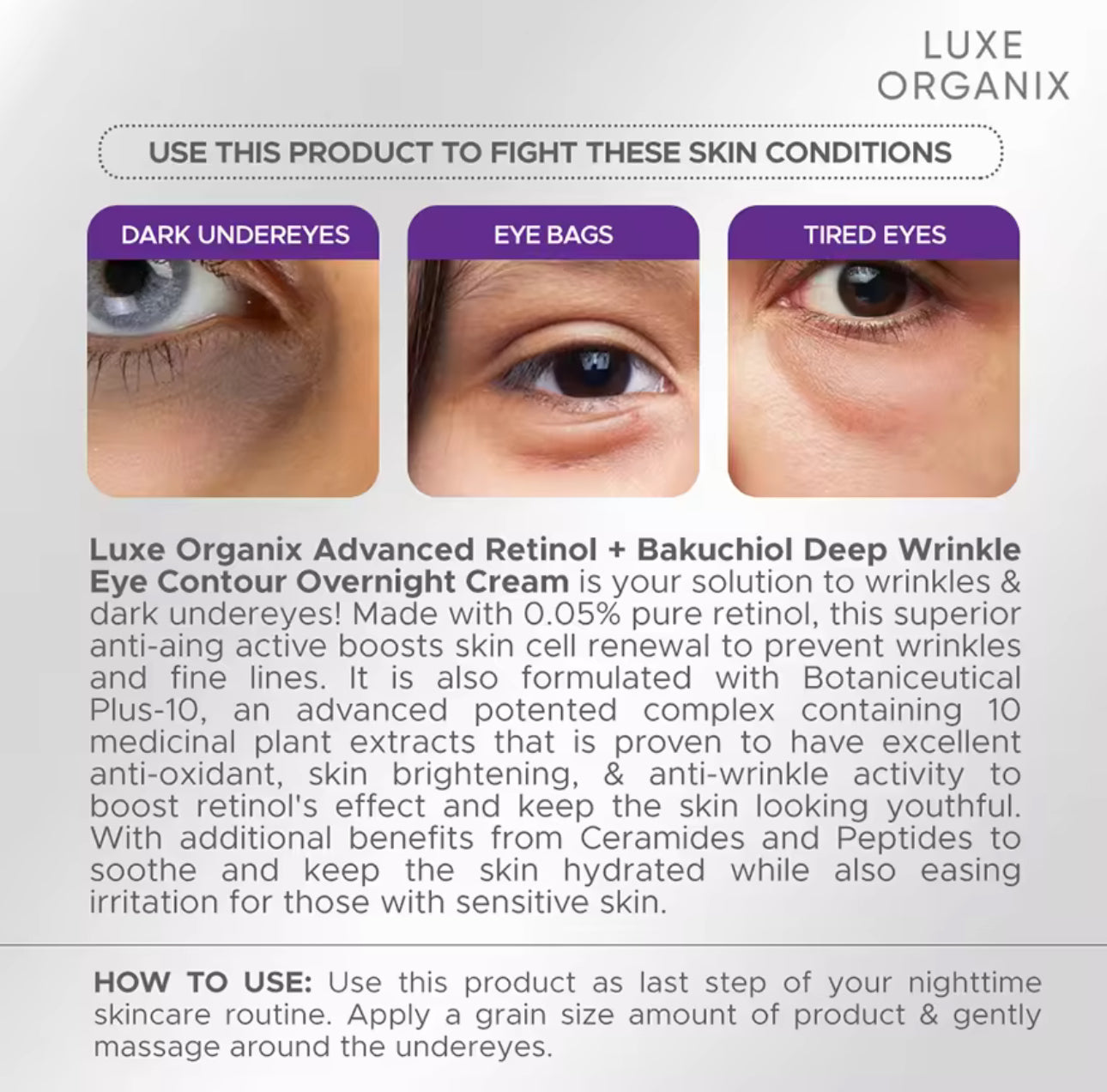 LUXE ORGANIX Advanced Retinol + Bakuchiol Deep Wrinkle Eye Contour Overnight Cream 12g