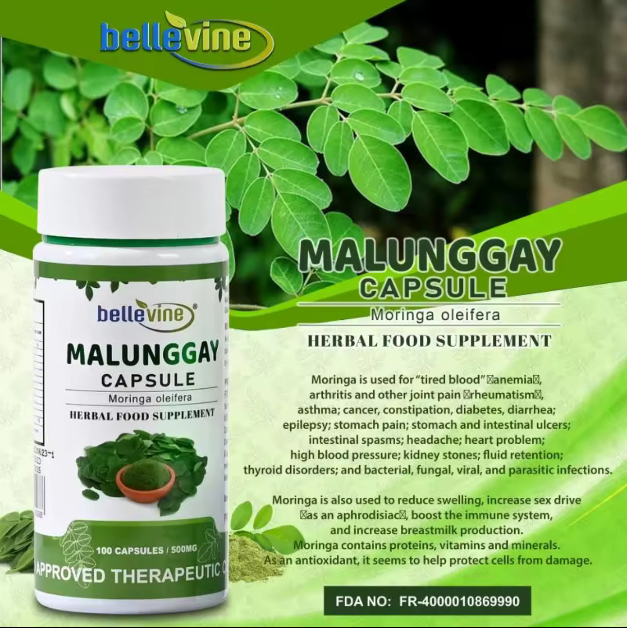 Bellevine Organic Malunggay Capsules 100 Capsules (FDA approved)