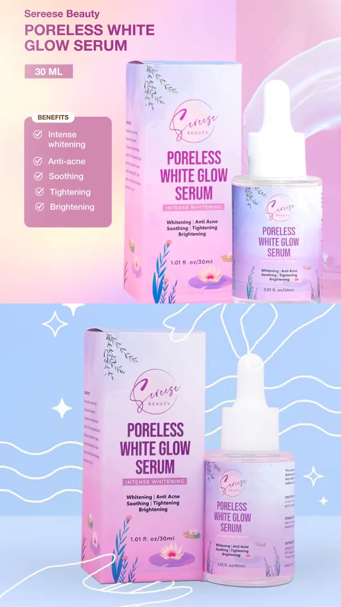 Sereese Beauty Poreless White Glow Serum - Effective Eliminating Acne and Black Spots the Skin. Antiseptic that Can Kill Acne Causing Bacteria