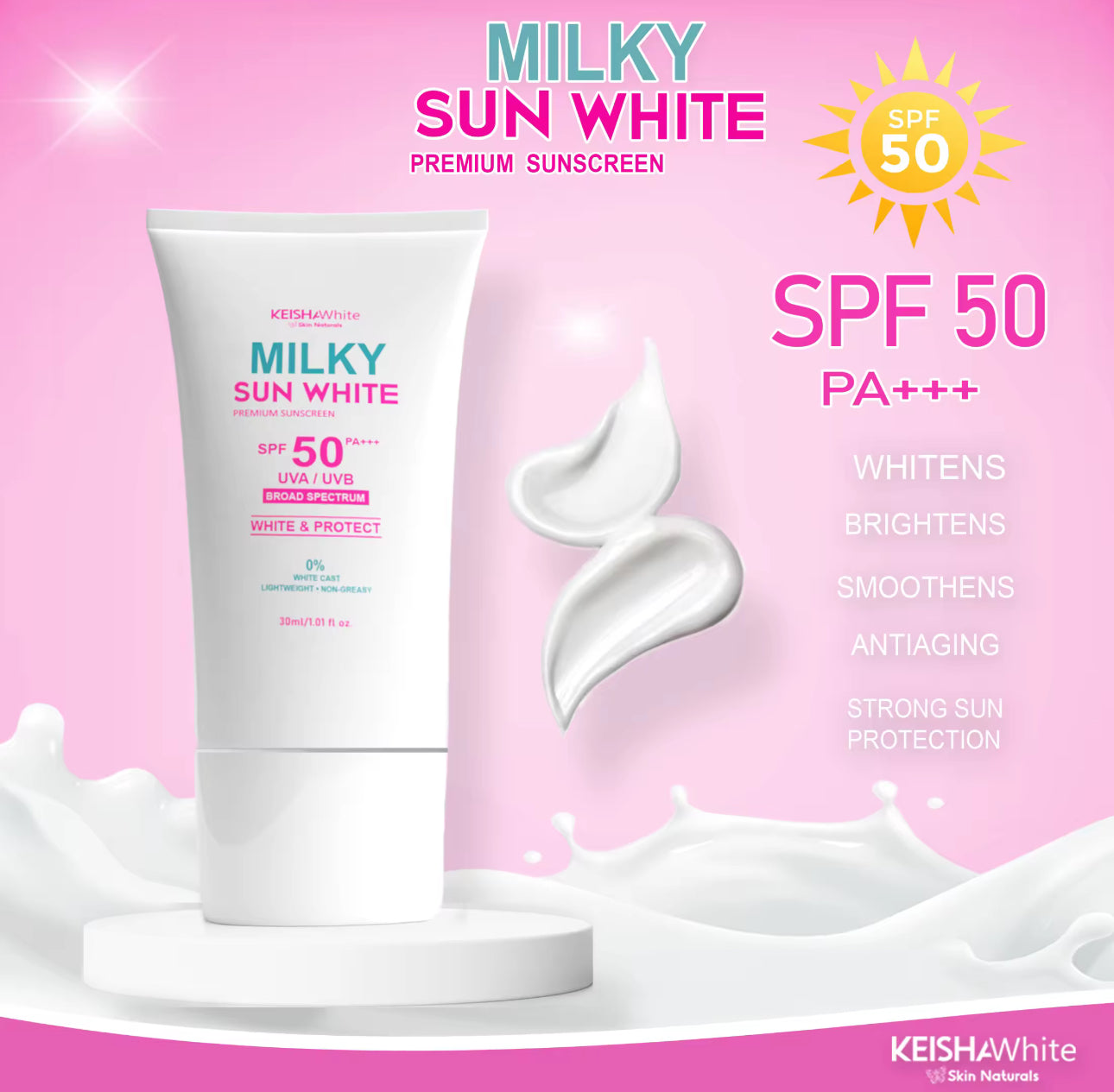 Kiesha White Milky Sun White Premium Sunscreen|30ml| SPF50 ++++