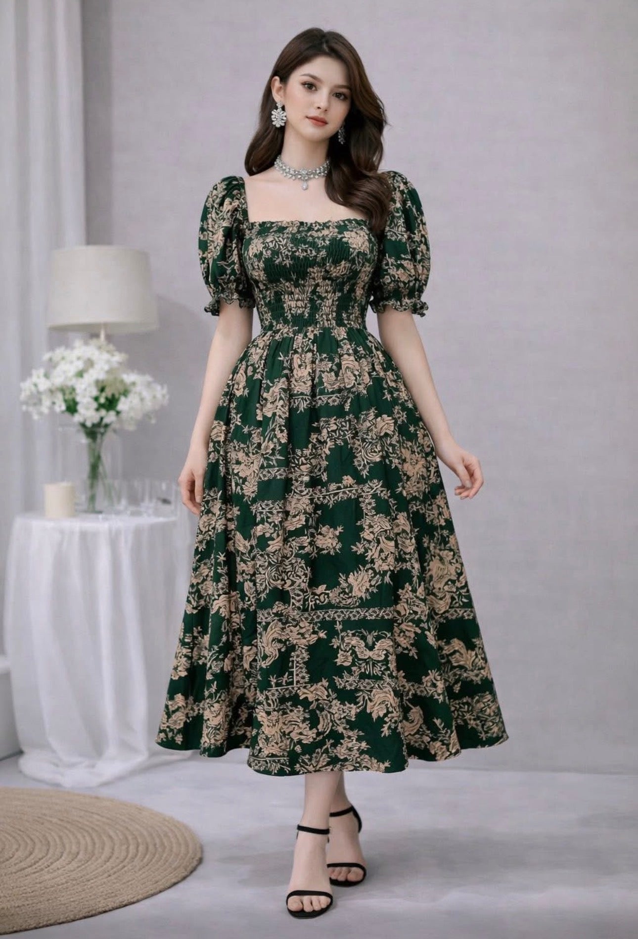 Elegant Vintage Puff Sleeve Midi Dress | Fit Small to XL