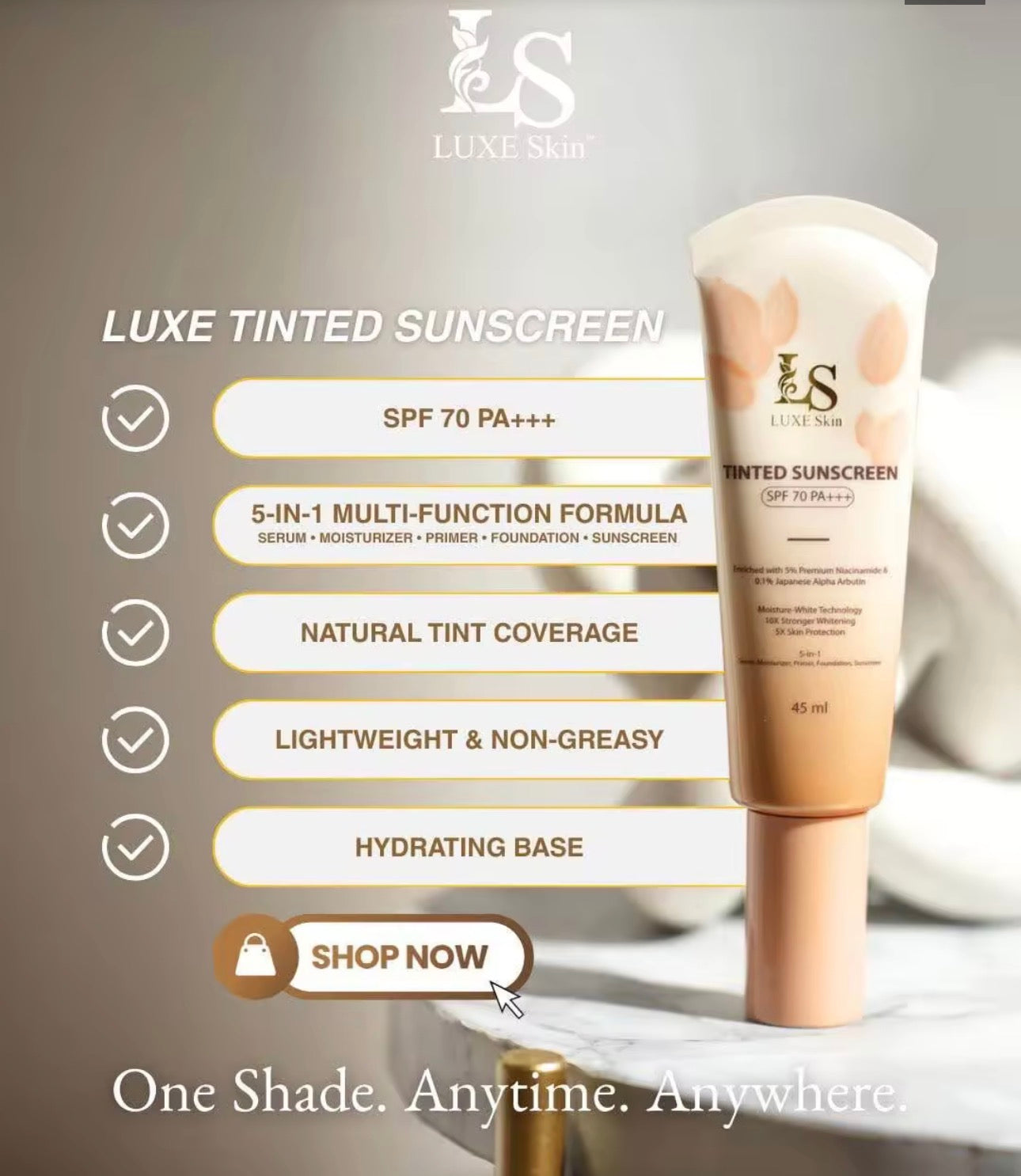 Luxe Skin Tinted Sunscreen | SPF 70 PA+++ | 45ml