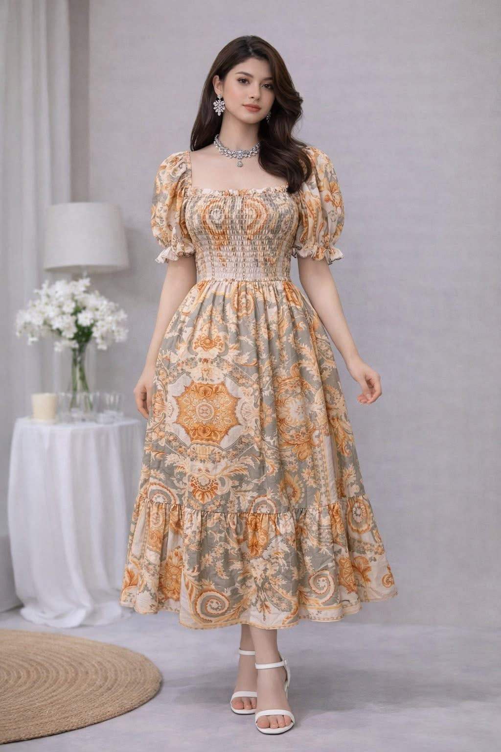Elegant Vintage Puff Sleeve Midi Dress | Fit Small to XL