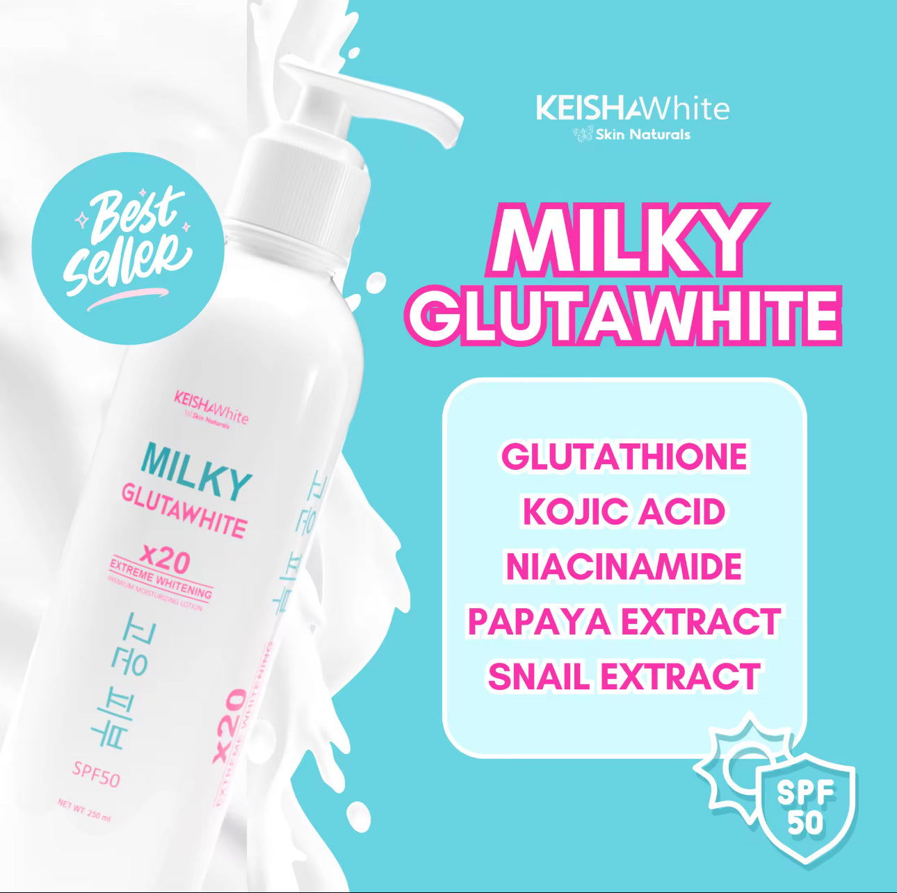 Keisha White Milky Gluta White x20 Extreme Whitening Lotion | 250ml | SPF50