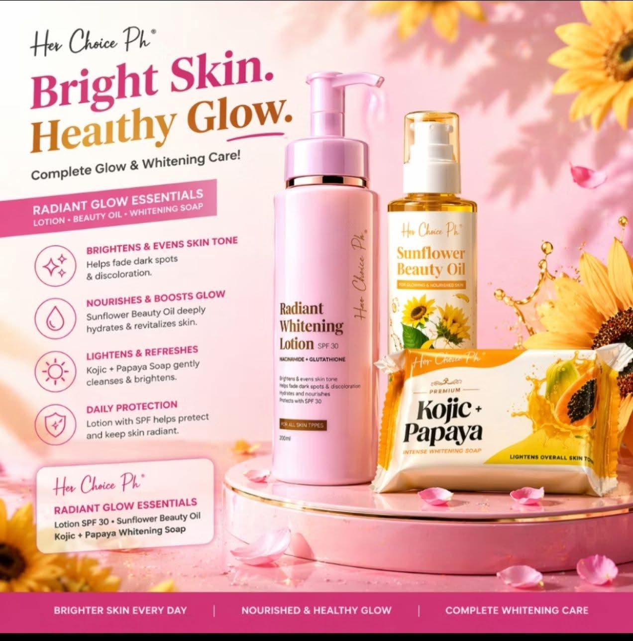 Her Choice Ph Trio Set | Whitening Lotion | Kojic Soap 120g | Sunflower Oil with free 60g kojic soap