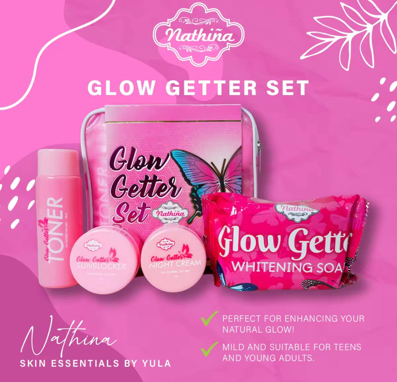 Nathiñia Skin Bright Face Kit |  Glow Getter Set | Gold Digger DNA Gold Serum 30ml | Bright Face Sunblock Gel SPF50 |30g | Glow Getter Sunblocker 10g