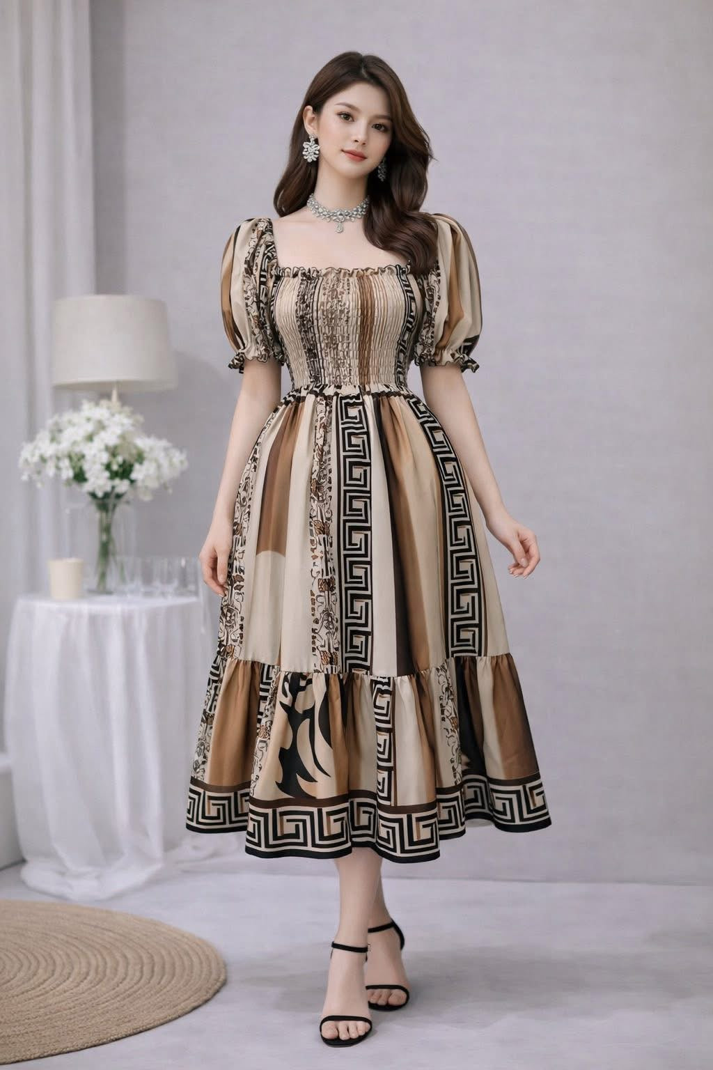 Elegant Vintage Puff Sleeve Midi Dress | Fit Small to XL