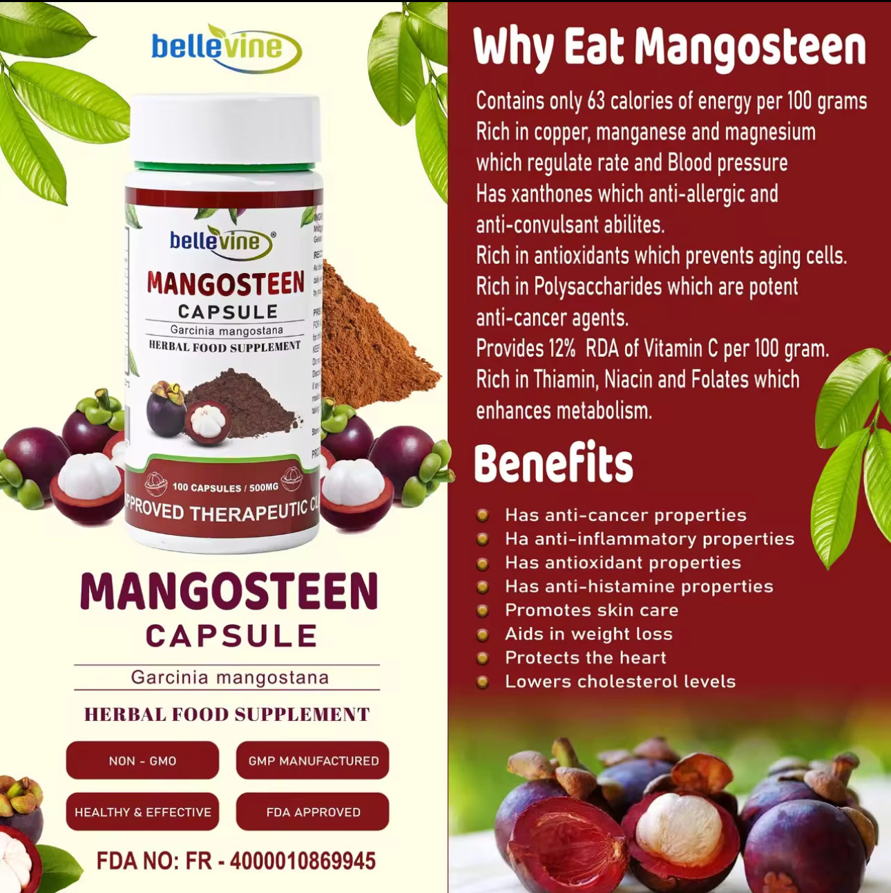 Bellevine Mangosteen Food Supplement 100 Capsules