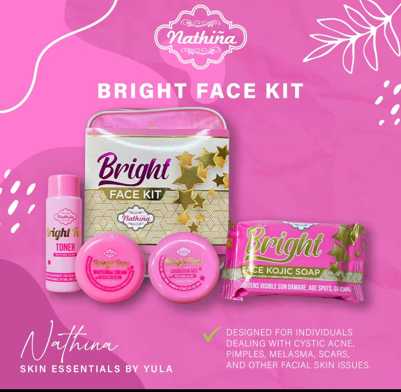 Nathiñia Skin Bright Face Kit |  Glow Getter Set | Gold Digger DNA Gold Serum 30ml | Bright Face Sunblock Gel SPF50 |30g | Glow Getter Sunblocker 10g