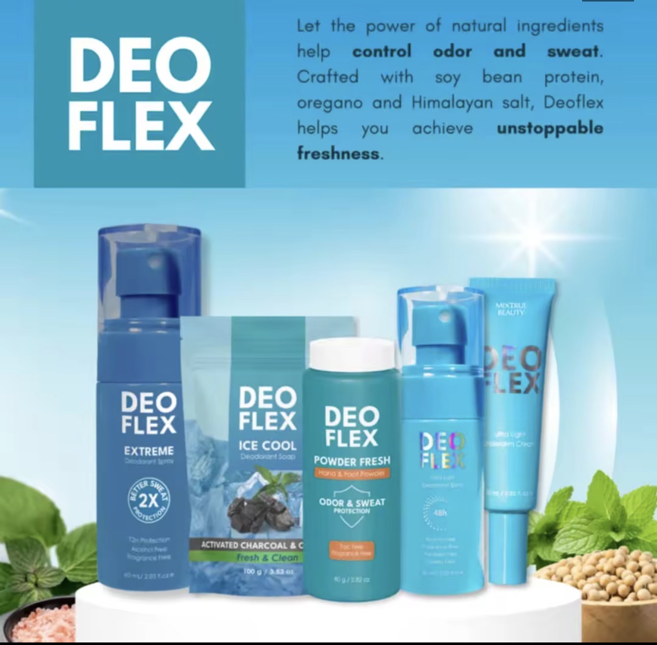 Deo Flex | Underarm Cream 25ml | Powder Fresh 80g | Deodorant soap 100g | Ultra Light Deodorant Spray 60ml | Extreme Deodorant Spray 60ml