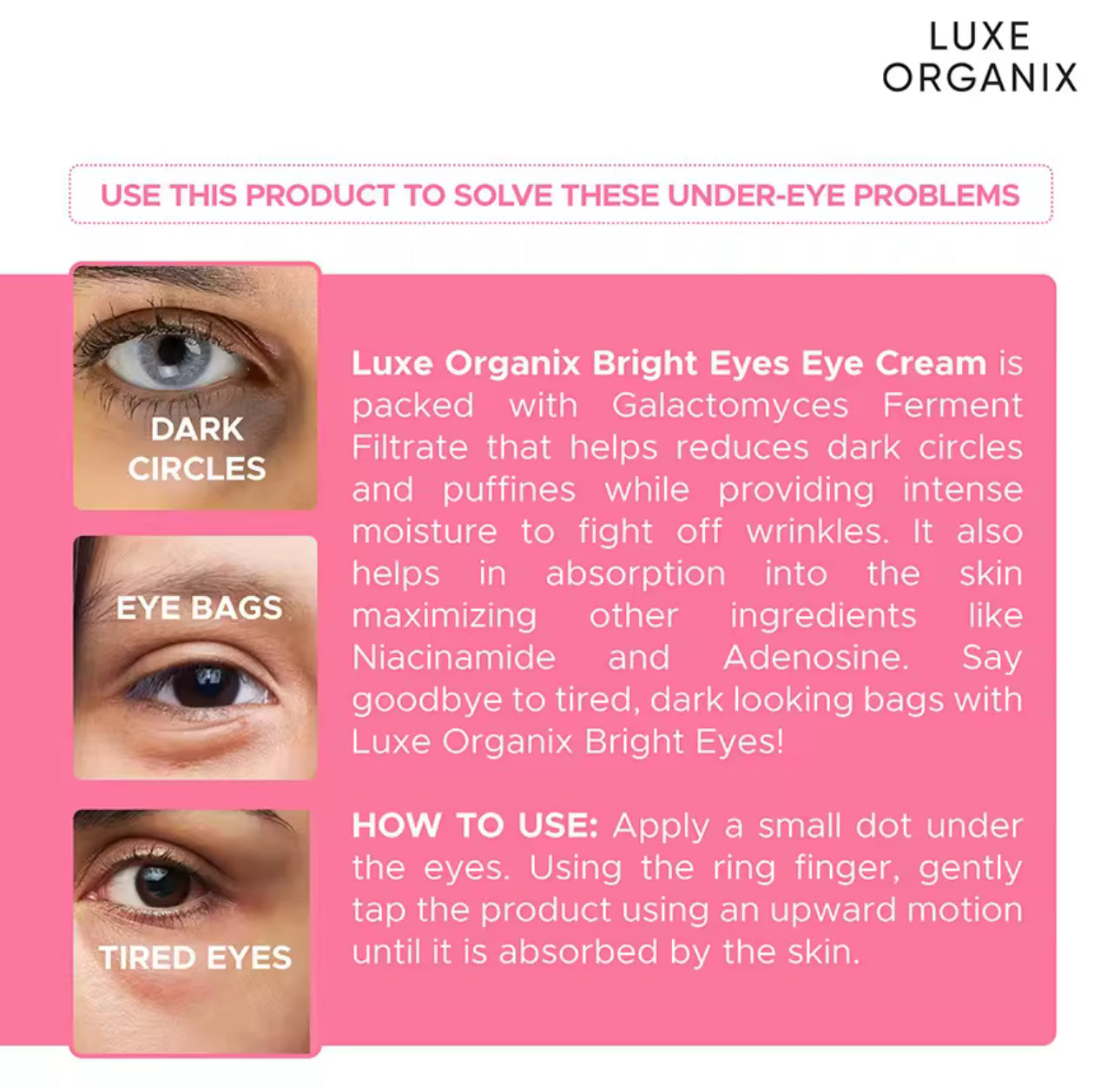 Luxe Organix Bright Eyes Eye Cream  80% Galactomyces | 15g