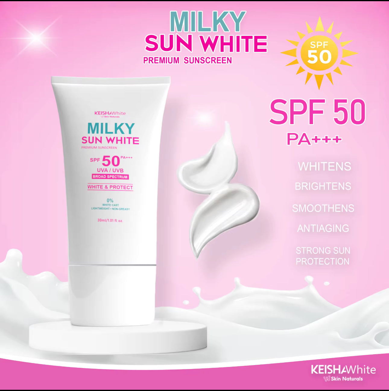 Kiesha White Milky Sun White Premium Sunscreen|30ml| SPF50 ++++