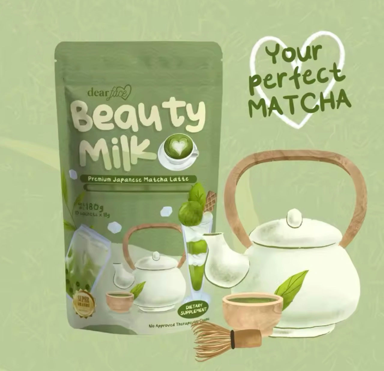 Dear Face Beauty Milk Matcha Latte 10 Sachets| Collagen & Glutathione Slimming Suppressant Antioxidant Drink