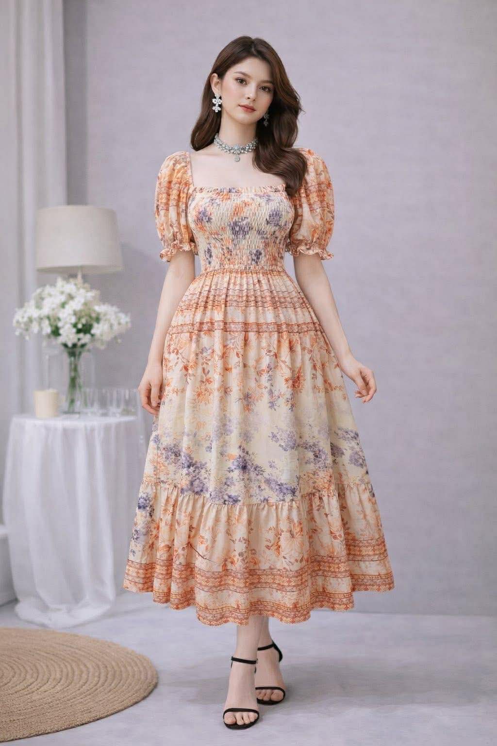 Elegant Vintage Puff Sleeve Midi Dress | Fit Small to XL