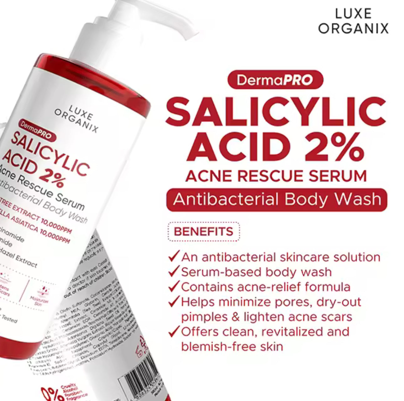 Luxe Organix Dermapro Salicylic Acid 2% Acne Rescue Serum Antibacterial Body Wash 500ml