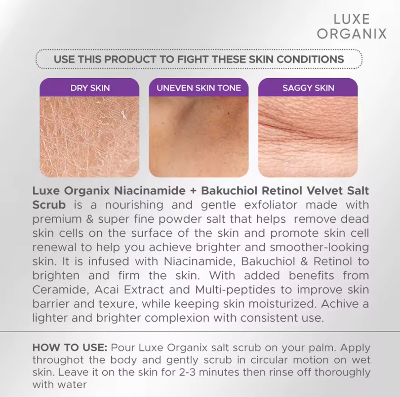 LUXE ORGANIX Niacinamide + Bakuchiol Retinol Velvet Salt Scrub 300g