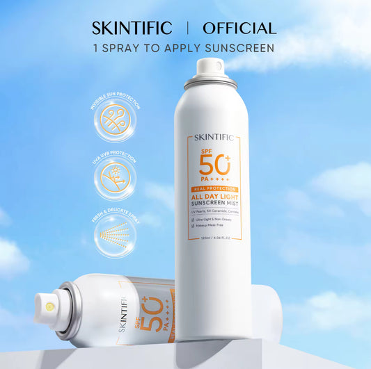 SKINTIFIC OFFICIAL All Day Light Sunscreen Mist SPF50 PA++++ Whitening Sunblock Spray Anti UV Face/Body Spray 120ml