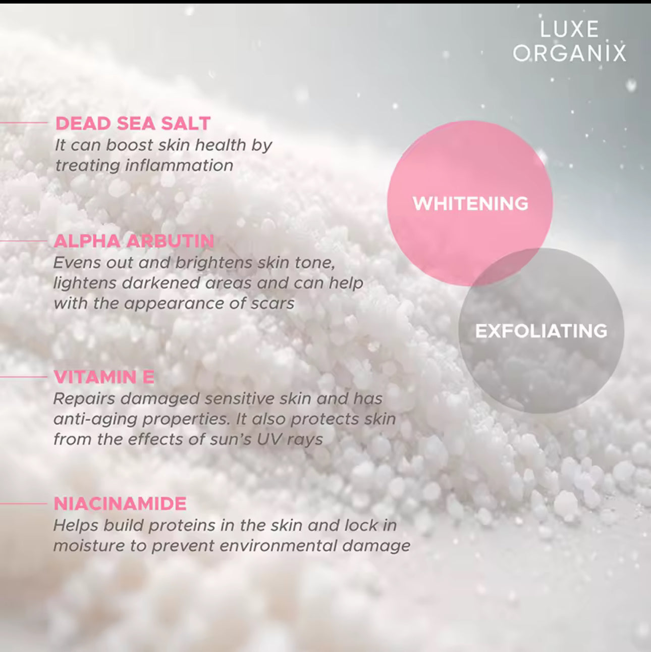Luxe Organix Niacinamide + Alpha Arbutin Double brightening spa salt 300g