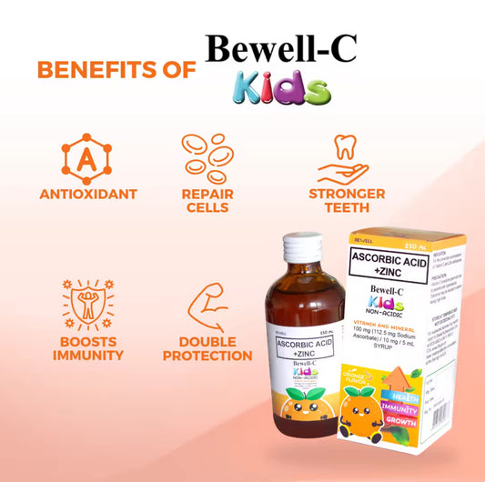 Bewell-C Kids Ascorbic Acid + Zinc Syrup | 100ml & 250 mL (Non-Acidic, Orange Flavor)