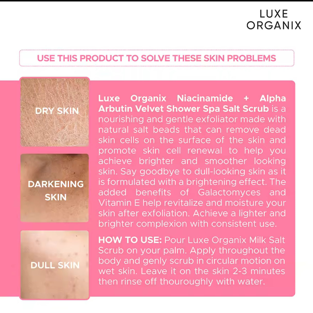 Luxe Organix Niacinamide + Alpha Arbutin Double brightening spa salt 300g