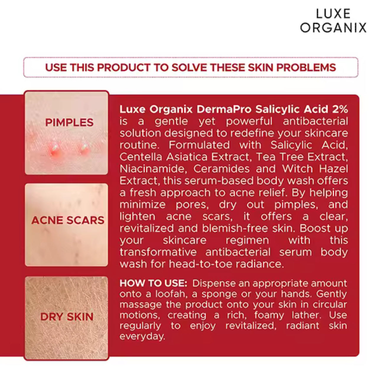 Luxe Organix Dermapro Salicylic Acid 2% Acne Rescue Serum Antibacterial Body Wash 500ml