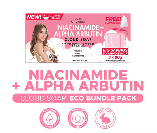 LUXE ORGANIX Niacinamide + Alpha Arbutin Cloud Soap 3 x 80g (Eco Bundle Pack)