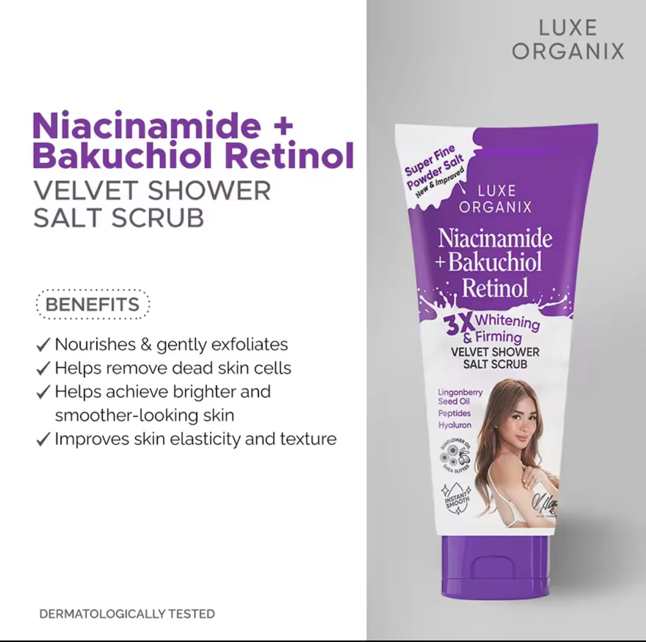 Luxe Organix Niacinamide + Bakuchiol Retinol Velvet Shower Salt Scrub 320g