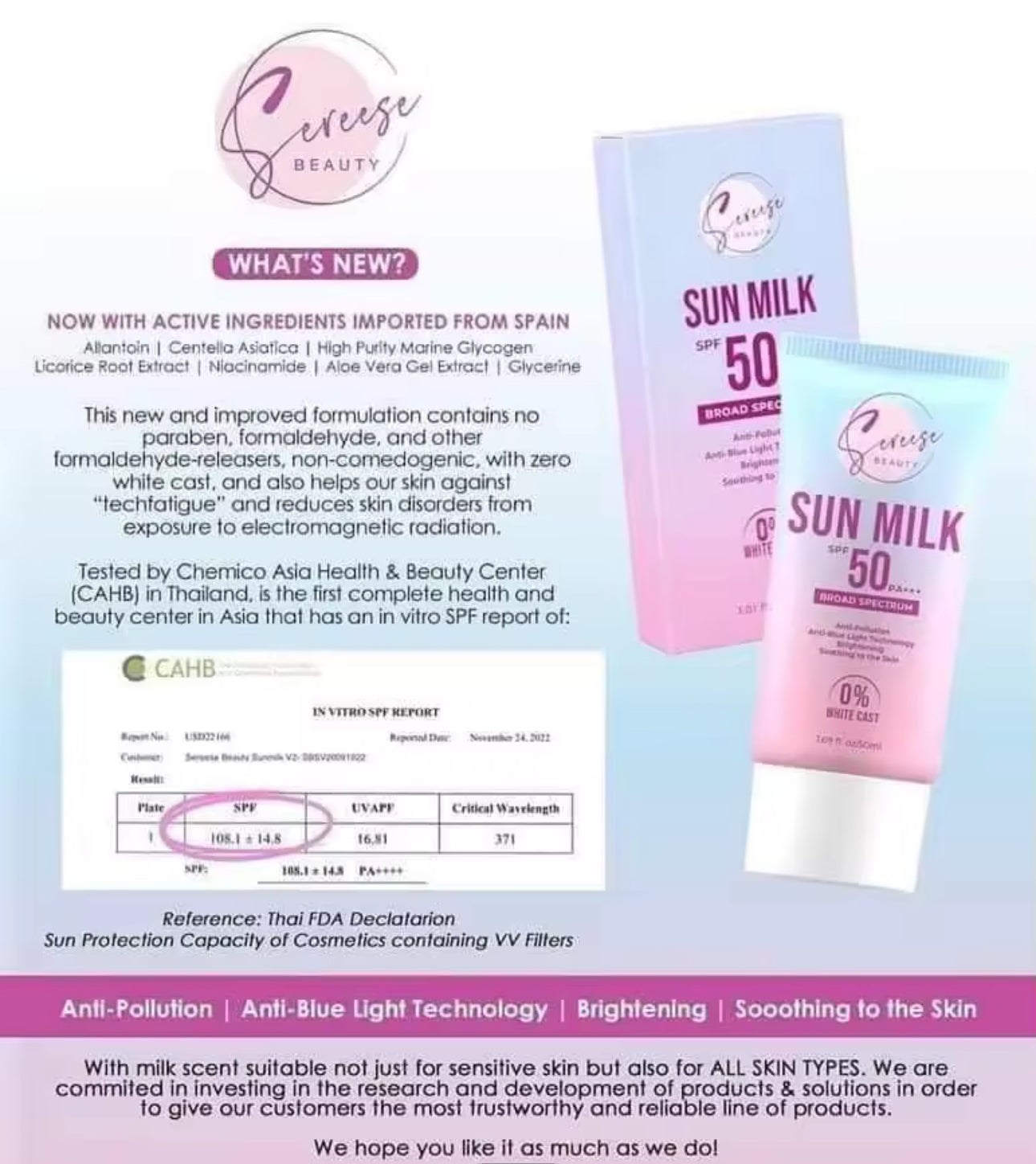 Sereese Beauty Sunmilk Sunscreen Version 2.0 now 50ml