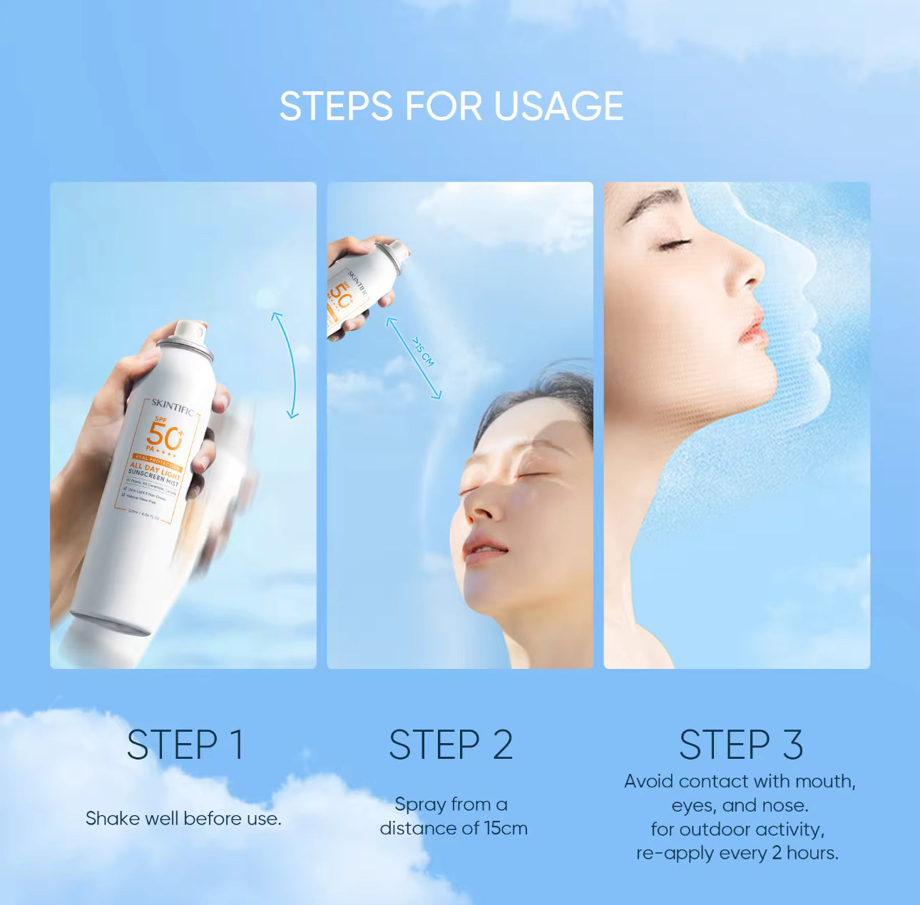 SKINTIFIC OFFICIAL All Day Light Sunscreen Mist SPF50 PA++++ Whitening Sunblock Spray Anti UV Face/Body Spray 120ml