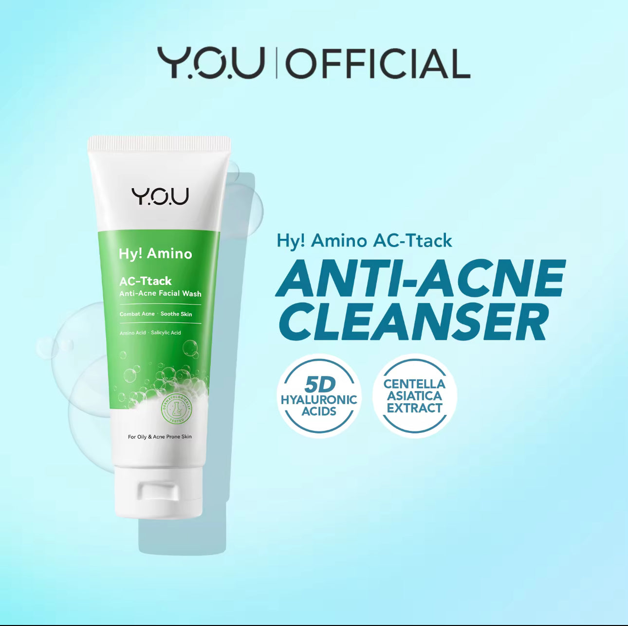 Y.O.U Hy! Amino AC-Ttack Anti-Acne Facial Wash | 5D Hyaluronic Acid | Acne Control Face Wash 100g