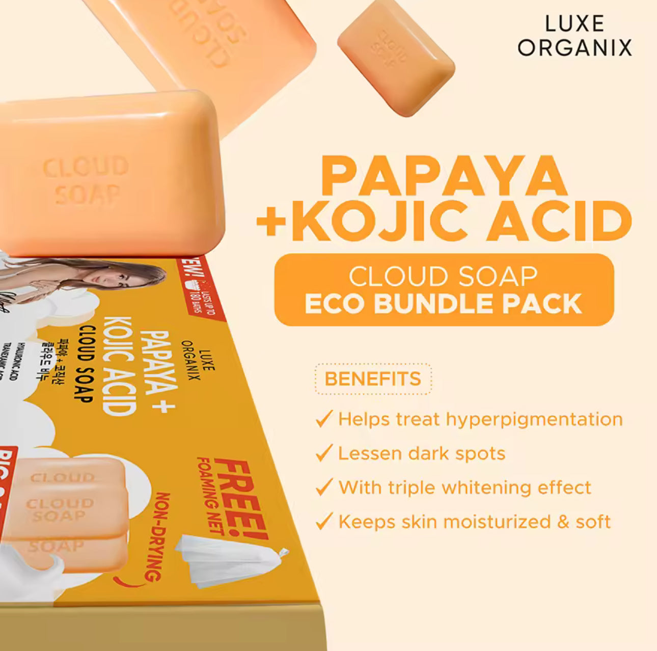 LUXE ORGANIX Papaya + Kojic Acid Cloud Soap 3 x 80g (Eco Bundle Pack)