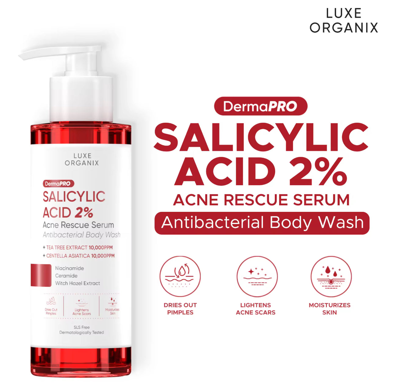 Luxe Organix Dermapro Salicylic Acid 2% Acne Rescue Serum Antibacterial Body Wash 500ml