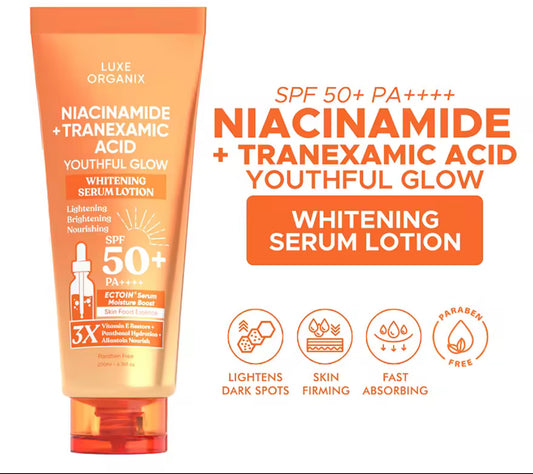 LUXE ORGANIX Niacinamide + Tranexamic Acid Youthful Glow Whitening Serum Lotion Spf 50 Pa++++ 200ml