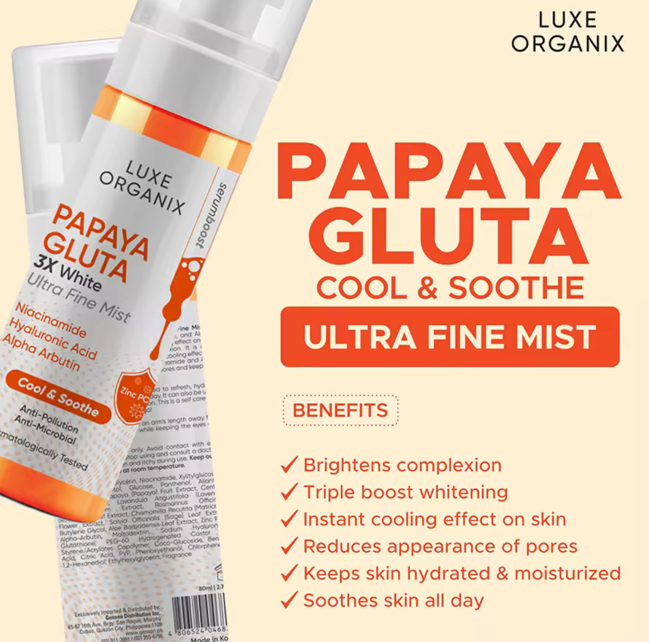 Luxe Organix Papaya Gluta 3X White Ultra Fine Mist 80ml