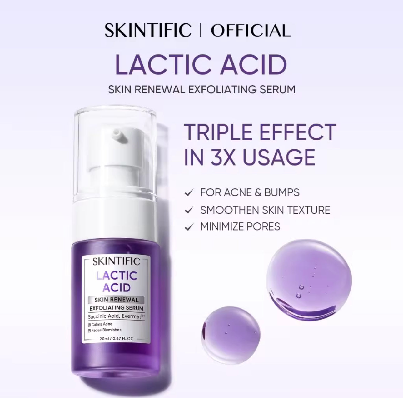 SKINTIFIC Lactic Acid Skin Renewal Exfoliating Anti Acne&Pores Serum 20ml Skin care
